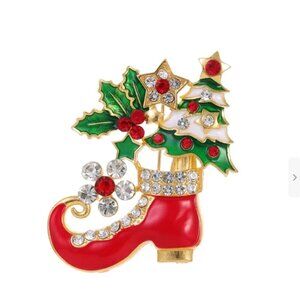Christmas Stocking Brooch With Rhinestones & Enamel Holiday Pin